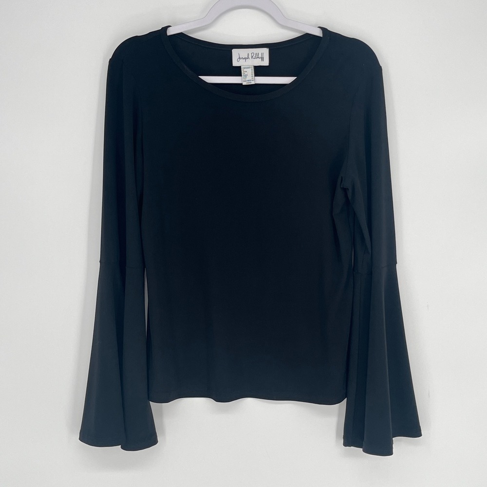 Joseph Ribkoff Black Bell Sleeve Top Womens 12 Gothic Vampire Minimalist Stretch - Picture 2 of 7